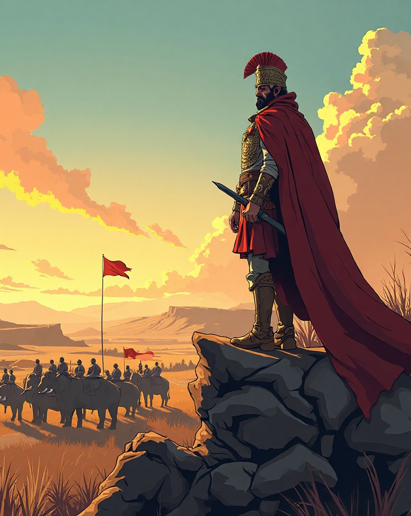 A confident general overlooking a plain with war elephants and troops behind.