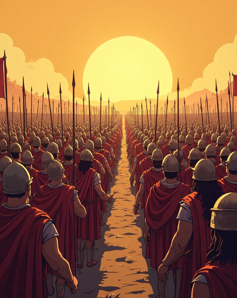An immense Roman army in deep blocks of infantry stretching across a plain.