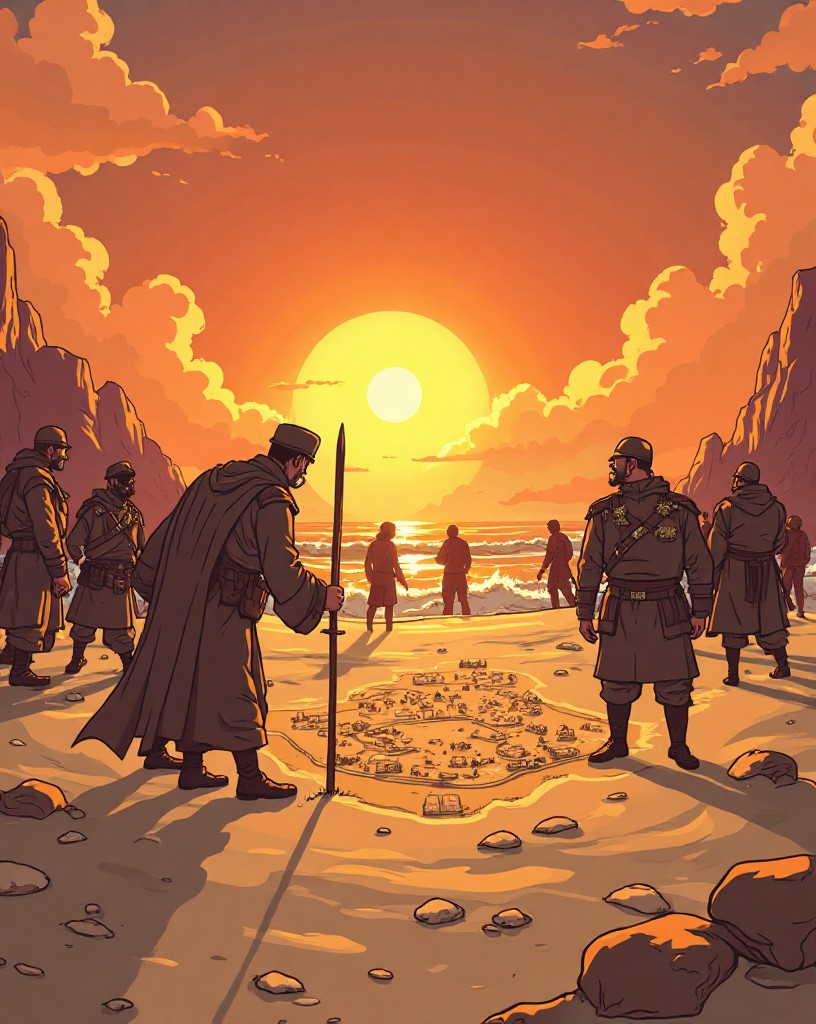 A general calmly arranging markers on a sand map before his officers at dawn.