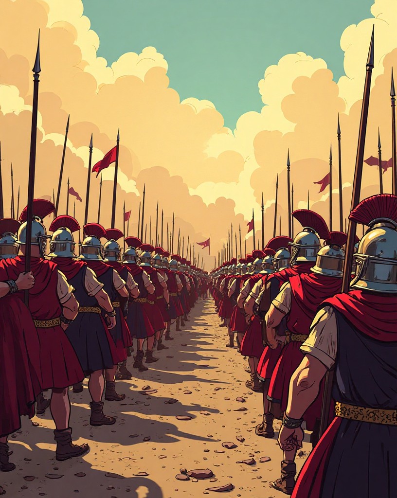 Massed Roman infantry pushing into a yielding center that bends backward.