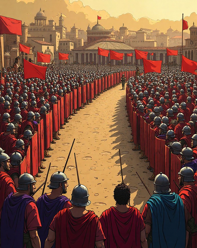 An overhead view of the line curved into a deep U with Romans crowding the pocket.
