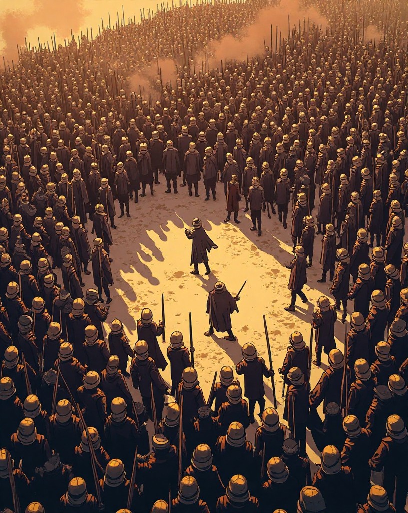 An overhead view of a huge army completely encircled by a closing ring.
