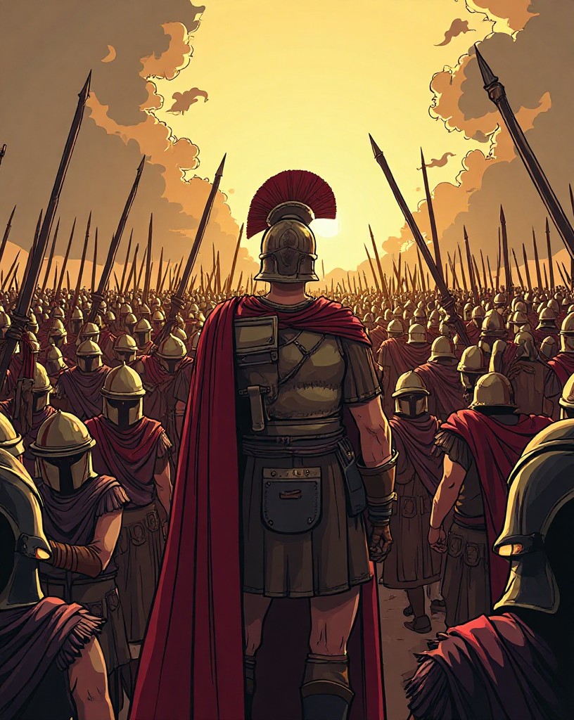 A Roman legionary turning in a packed crowd to see enemies on every side.