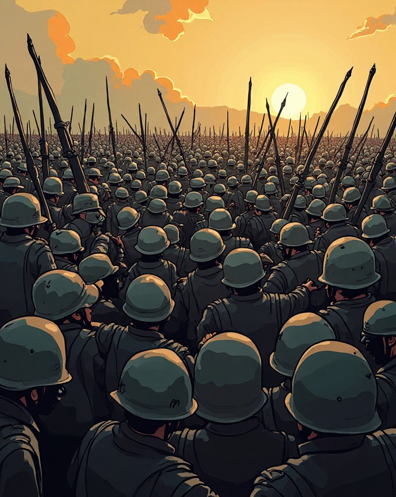 A dense crush of soldiers unable to move as the encircling ring presses in.