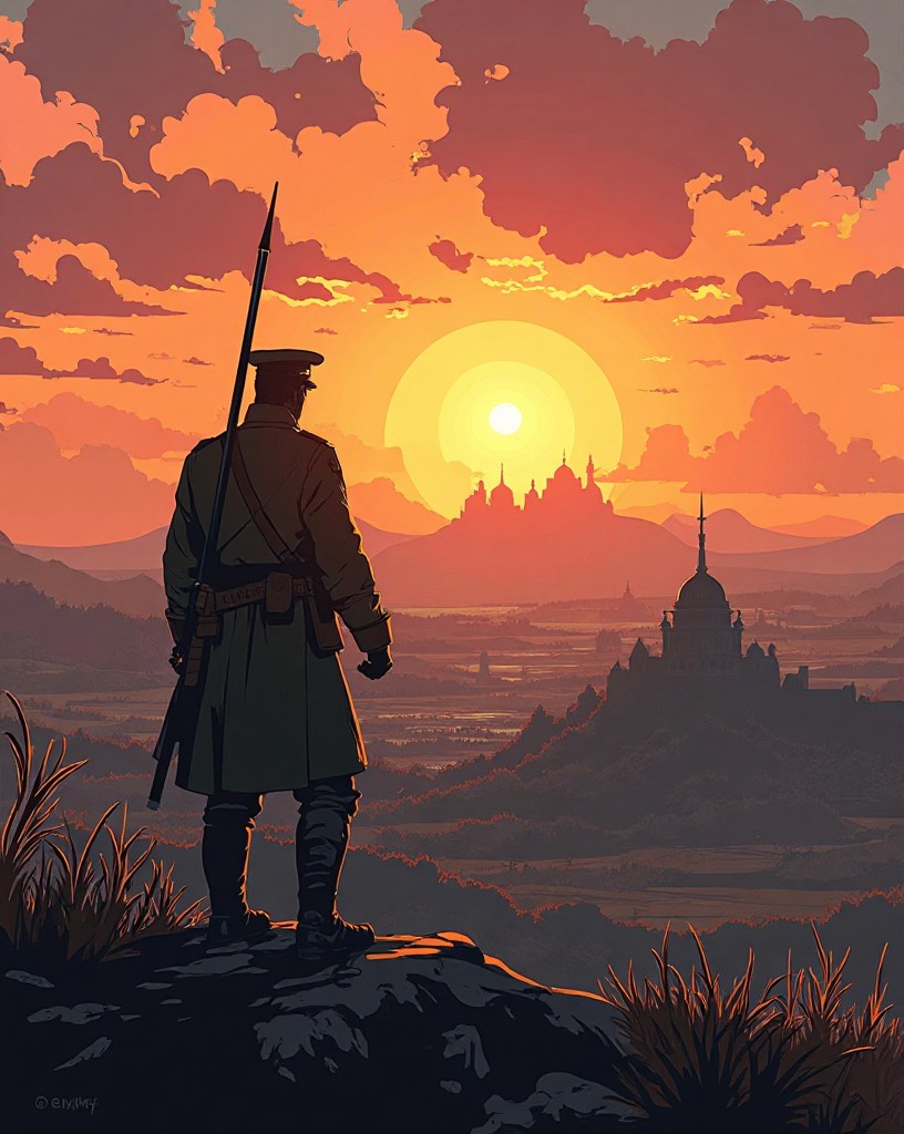 A lone general looking out over a won battlefield toward a distant city at sunset.
