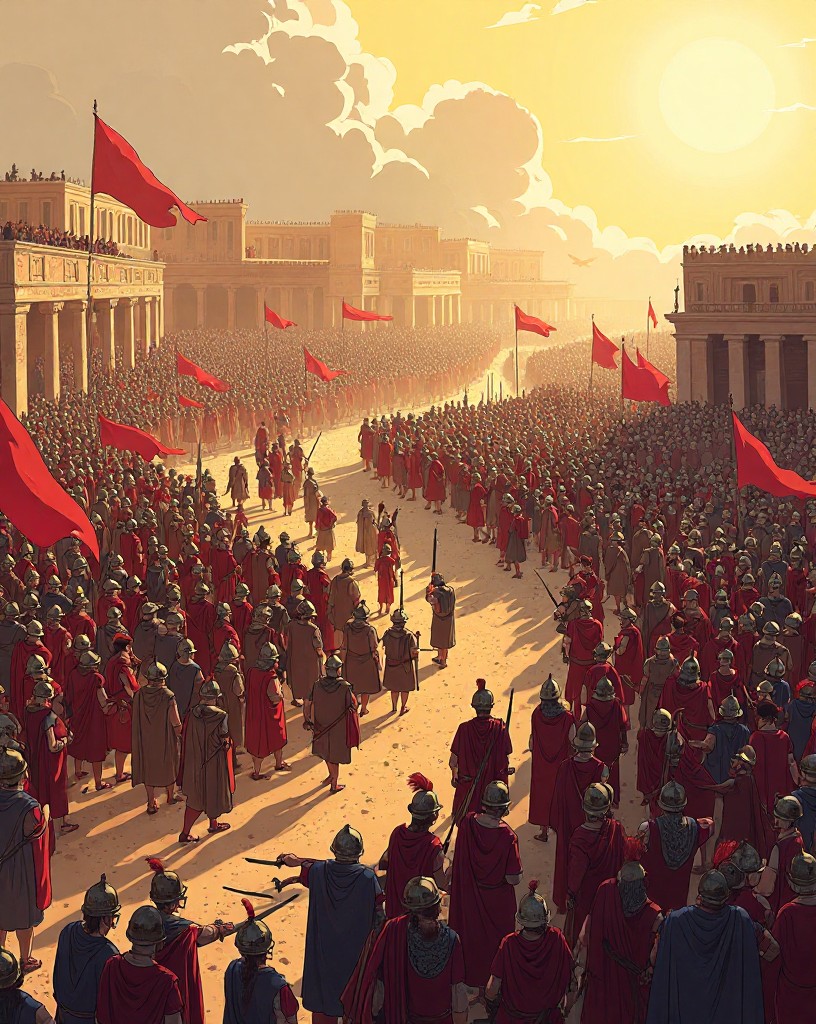 An ancient army's curved line surrounding a vast packed mass of Roman soldiers, cel-shaded comic art.