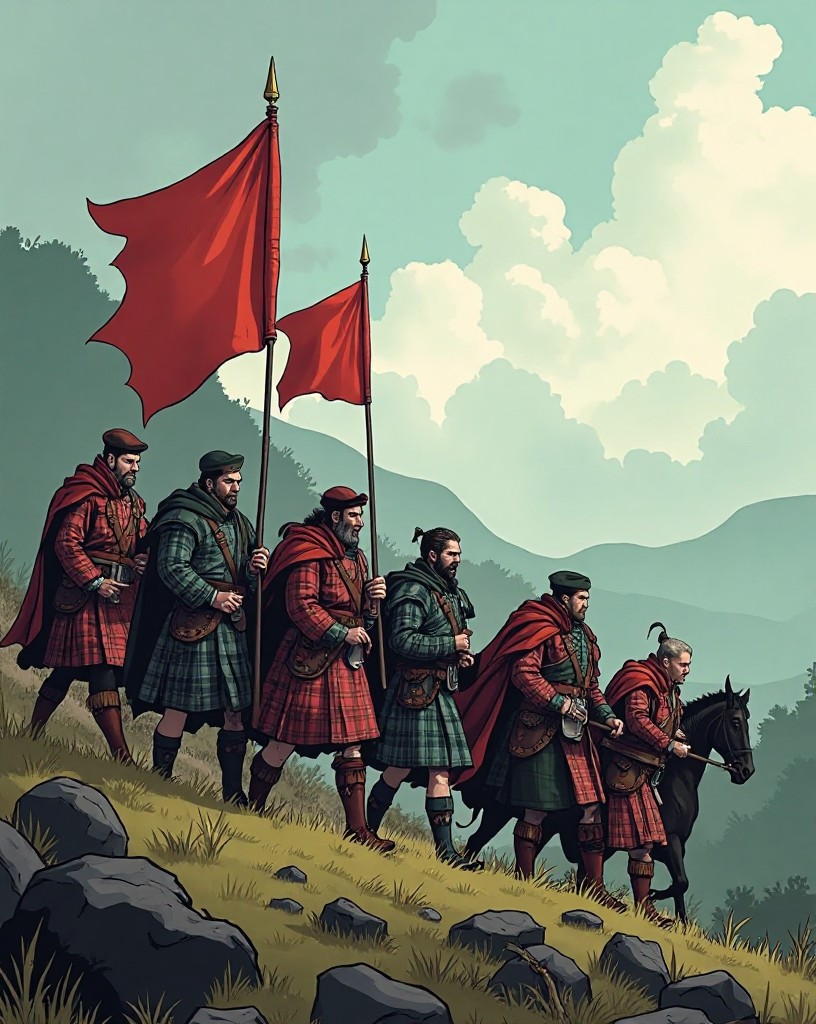 Highland clansmen in tartan rallying behind a young prince on a misty hillside.