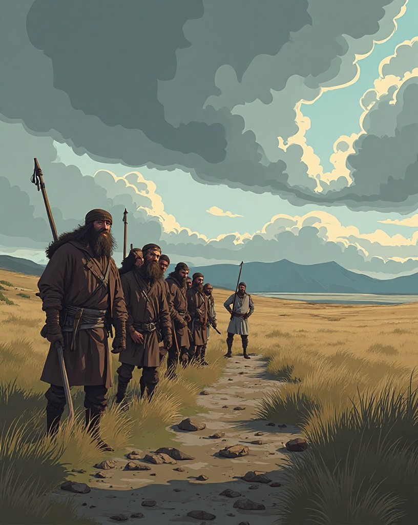 Ragged, weary clansmen drawn up in lines on a flat windswept moor under grey sky.