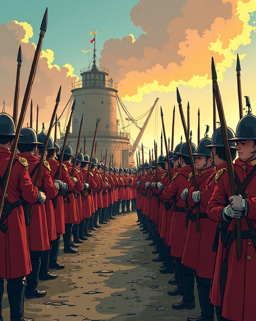 Neat red-coated ranks with cannon and colors formed up across the moor.