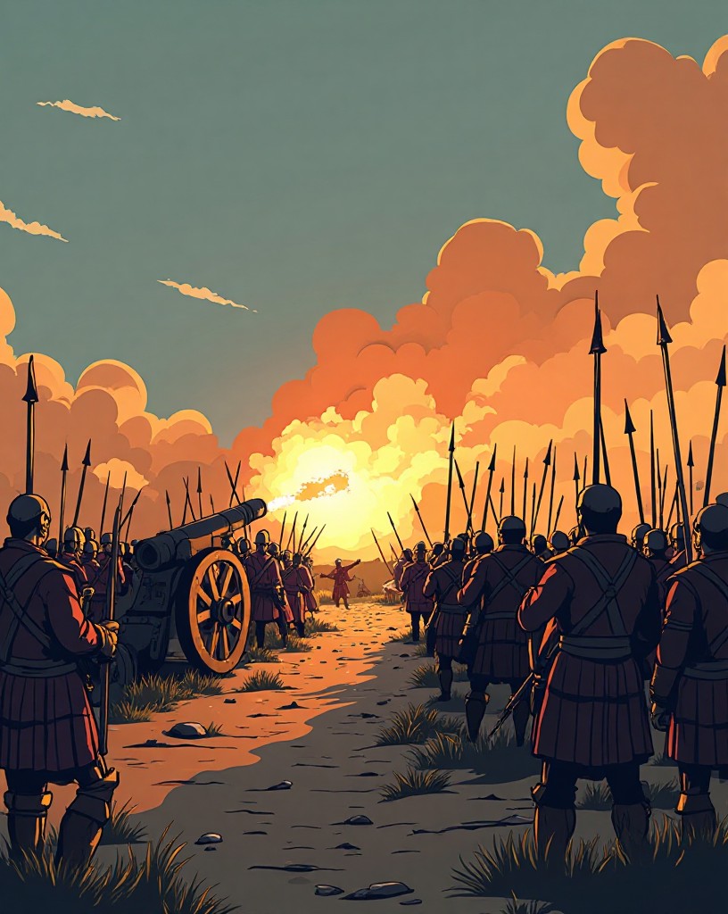 Cannon firing across a moor into standing lines of clansmen under bombardment.