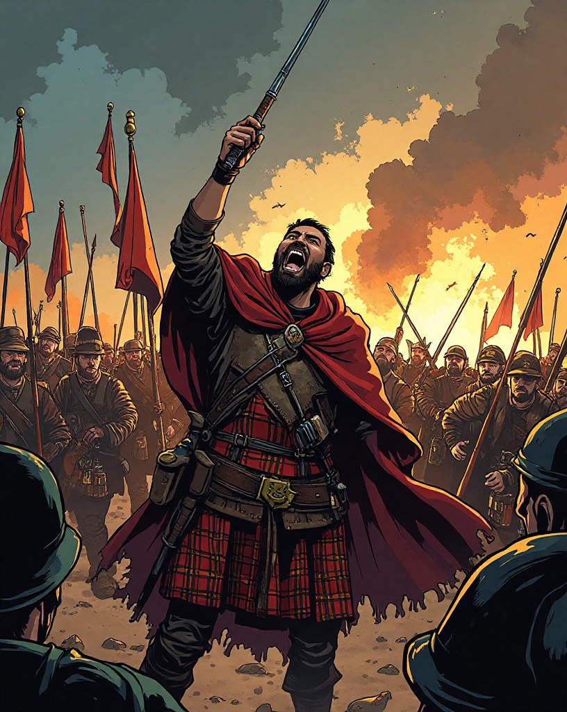 A tartan-clad chief shouting in fury amid his battered ranks under cannon fire.
