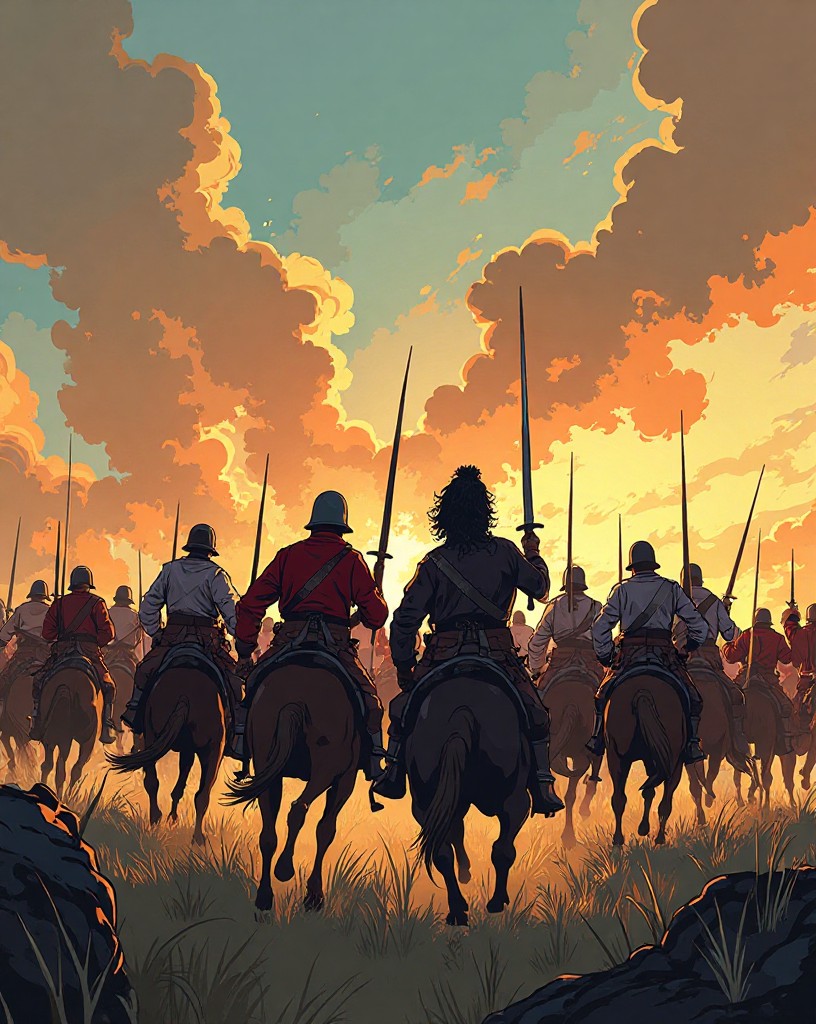A wild charge of clansmen with swords across open moor into musket smoke.