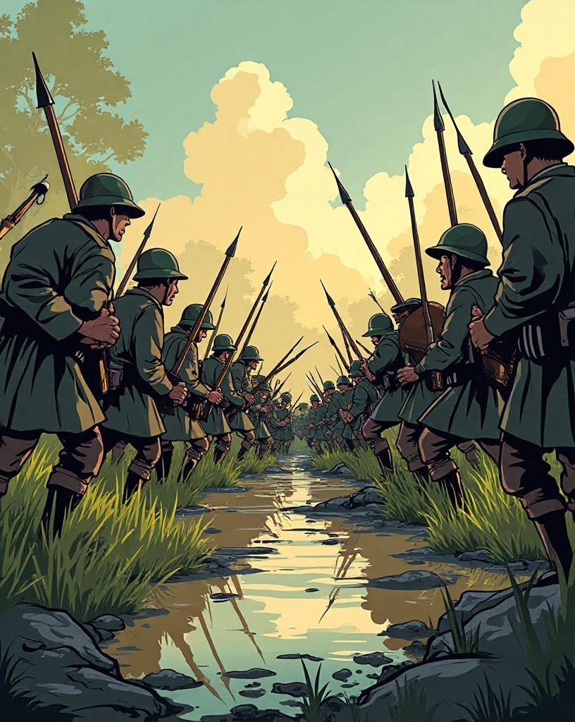Clansmen floundering and falling in boggy ground before a steady bayonet line.