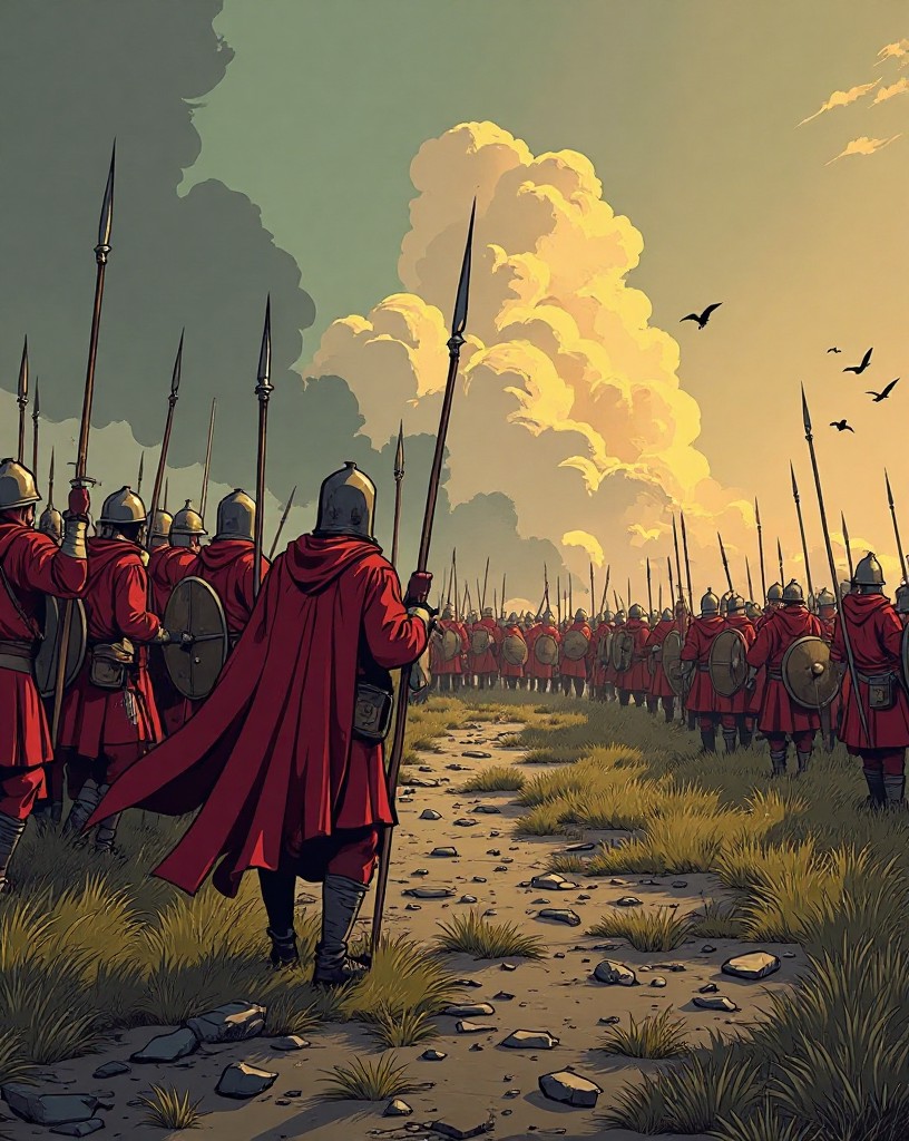 Broken clansmen streaming away across the moor through smoke as redcoats advance.