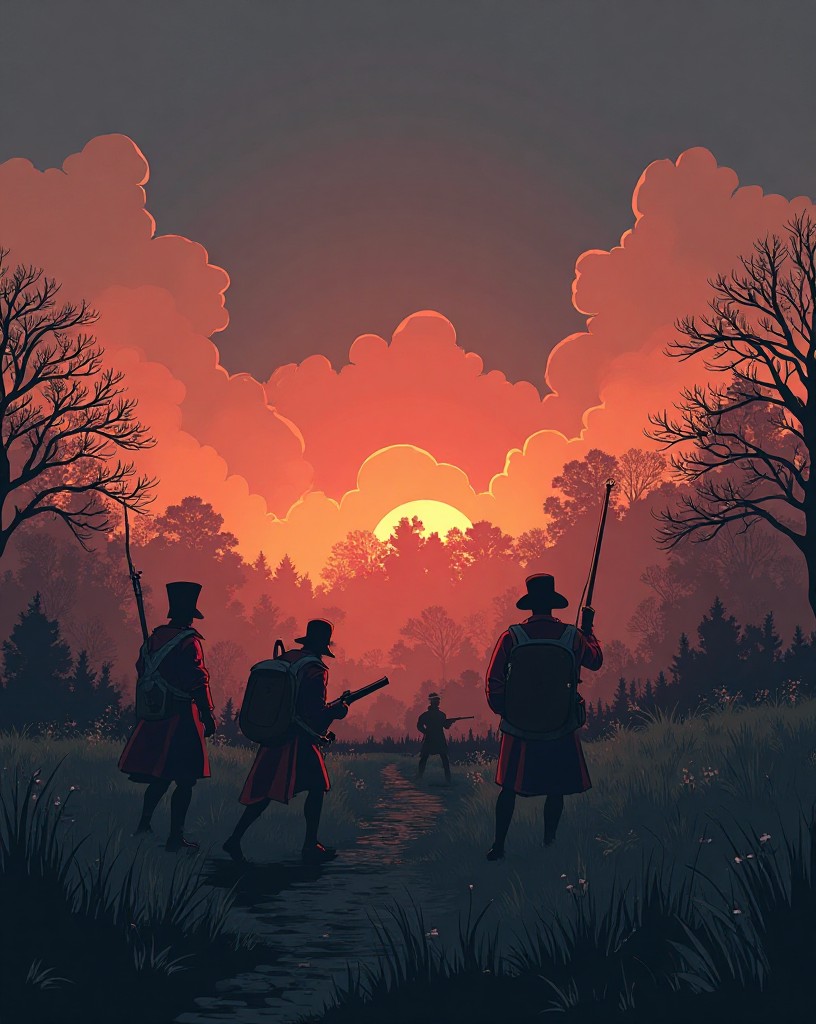 A grim, smoke-hazed moor at dusk after the battle, redcoats moving across it.