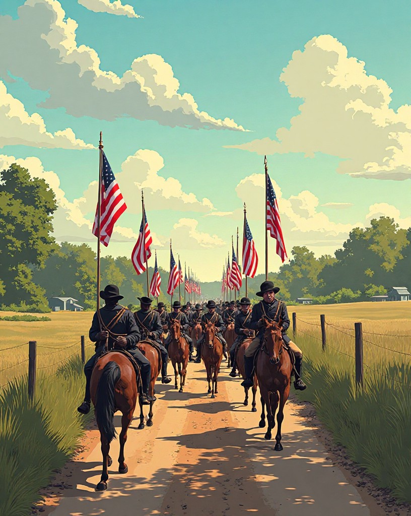 A long column of Confederate infantry marching up a road through farmland.
