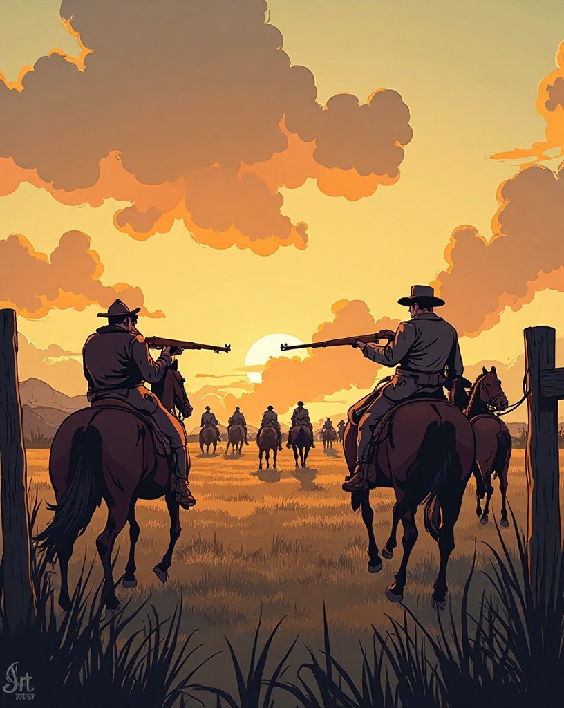 Skirmishing soldiers meeting among fences and fields outside a small town.