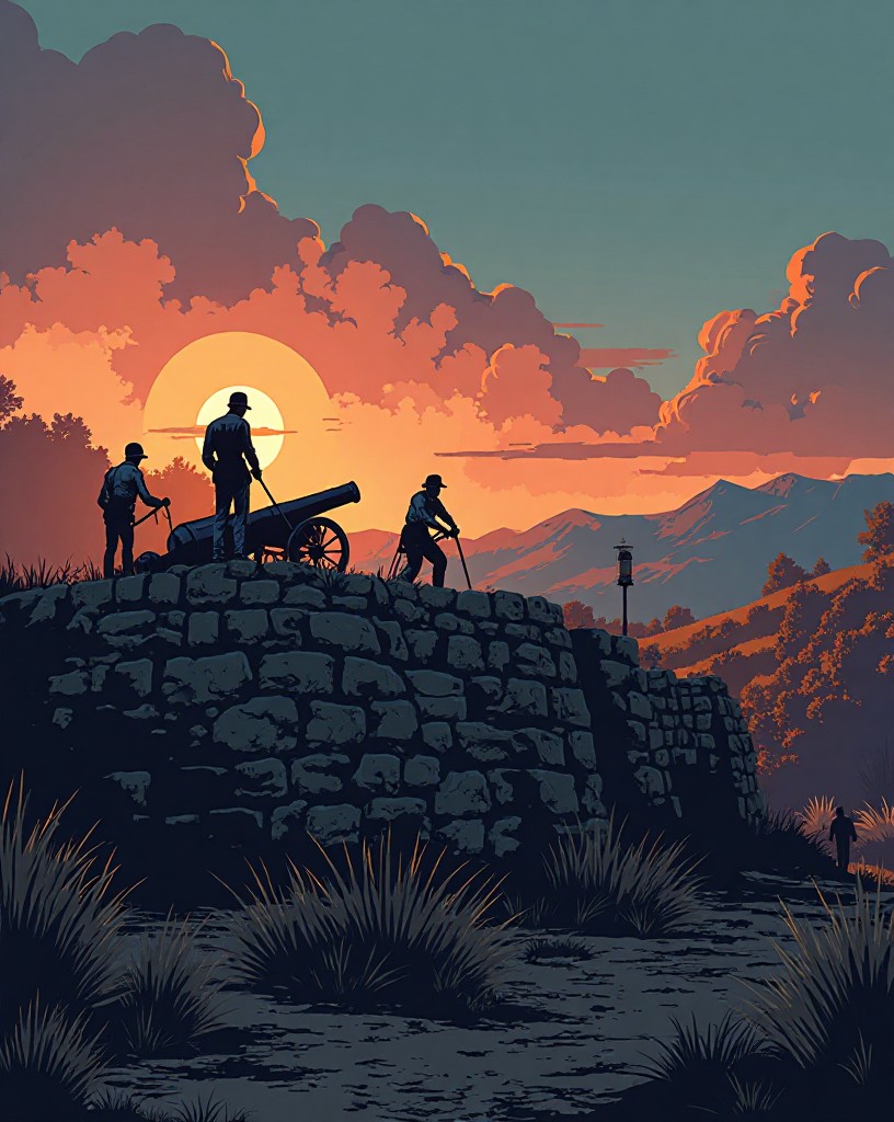 Union soldiers fortifying a stone wall along a ridge at dusk with cannon.