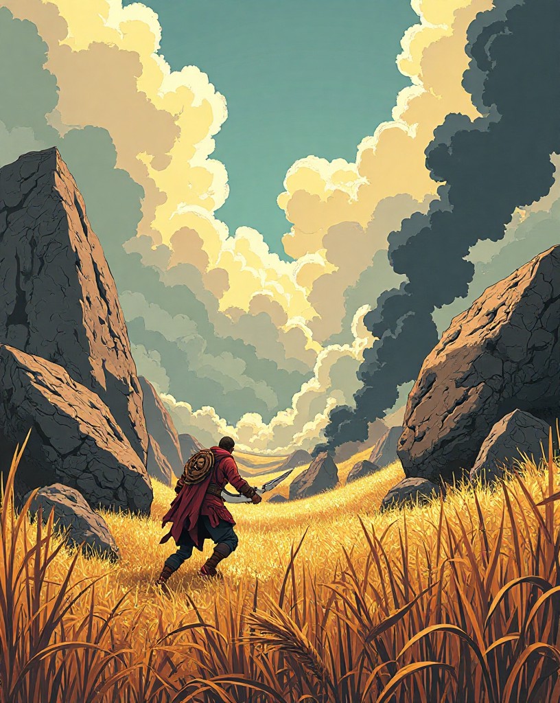 Fierce close combat among boulders and a trampled wheatfield.
