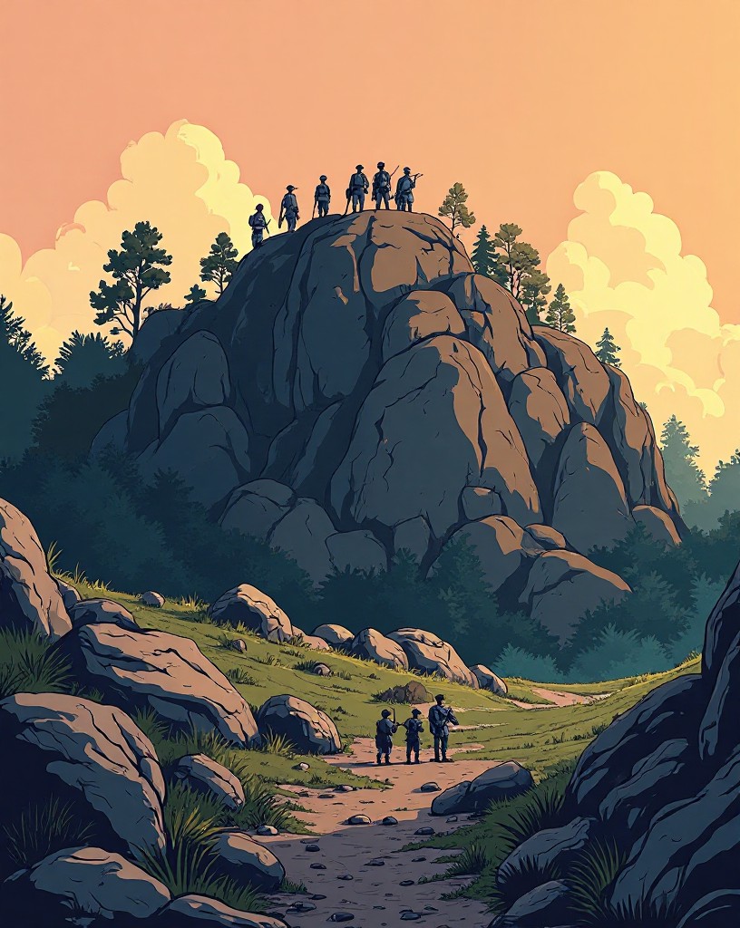 A rocky wooded hill with a thin line of Union soldiers among the boulders.