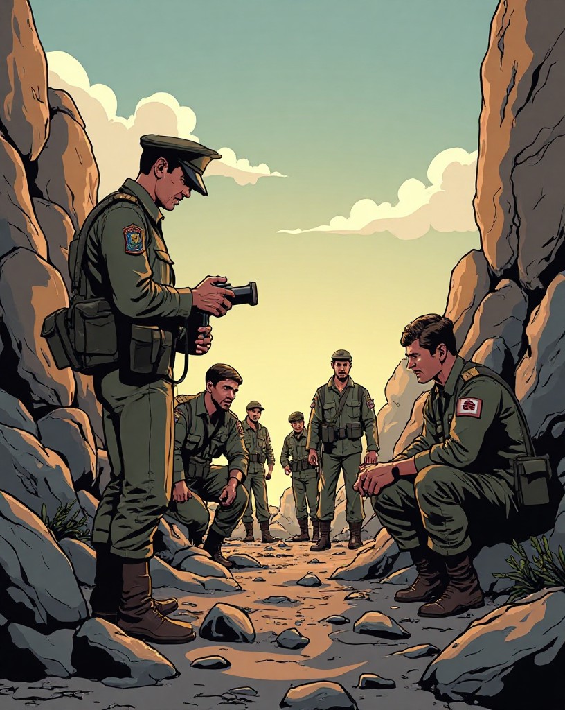 Exhausted soldiers checking empty cartridge boxes among the rocks.