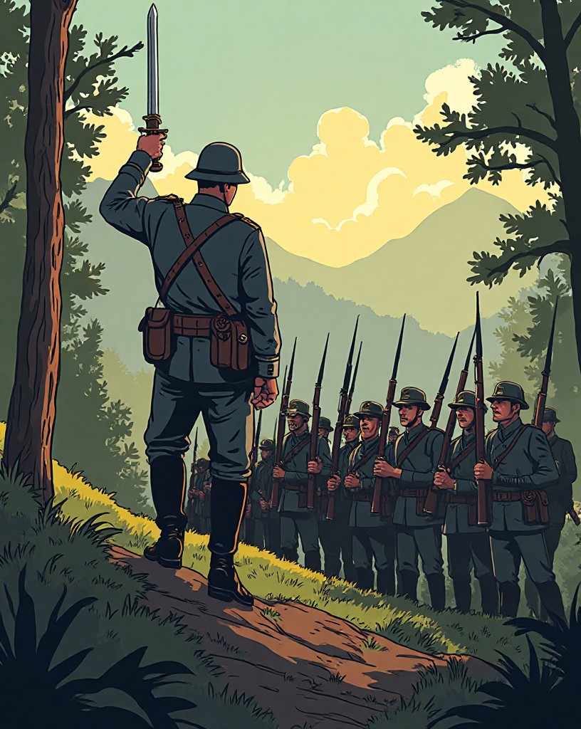 An officer raising a sword as soldiers fix bayonets on a wooded hillside.