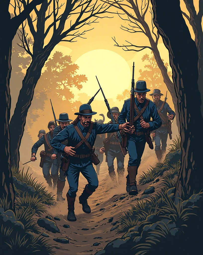 A line of Union soldiers charging downhill with bayonets as attackers reel.