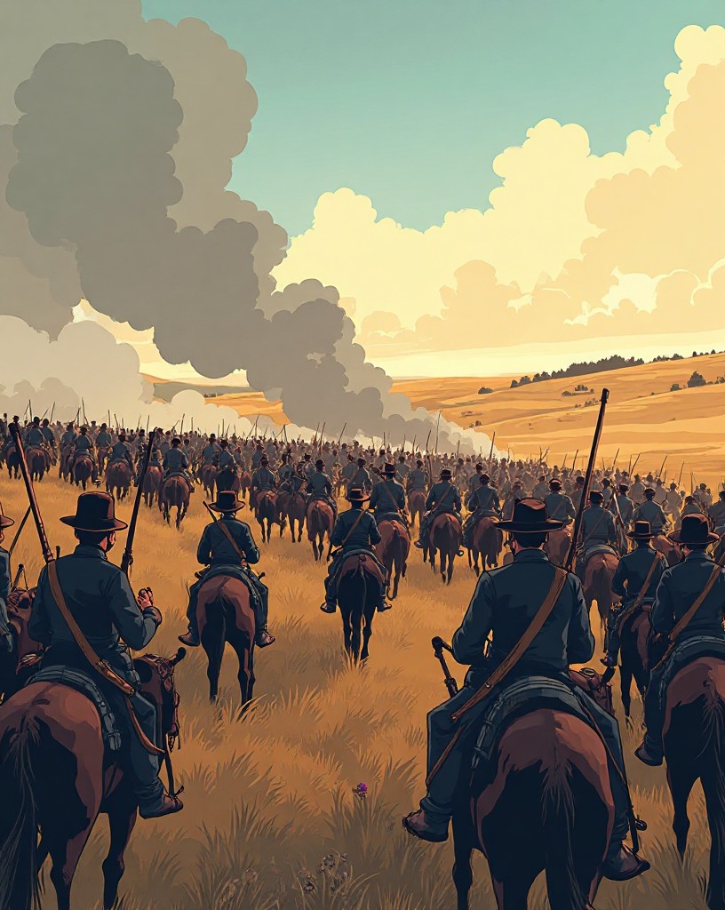 Vast ranks of infantry advancing across an open field toward a ridge under fire.