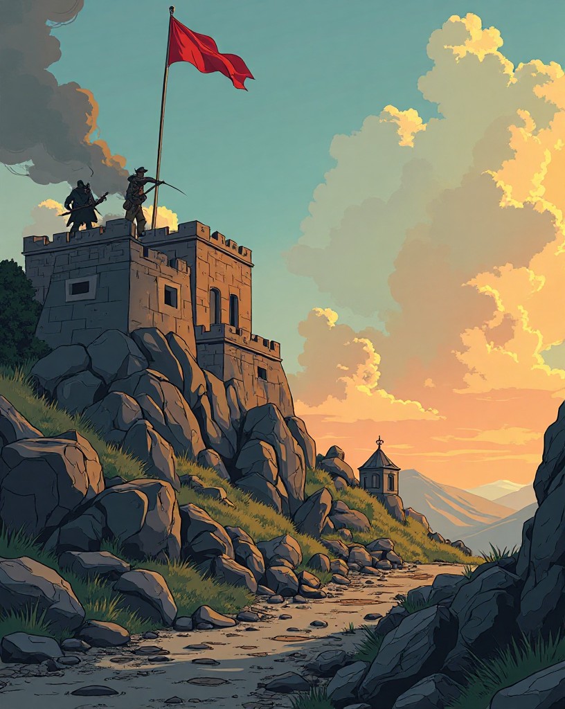 A desperate clash at a stone wall on the ridge, a flag falling.