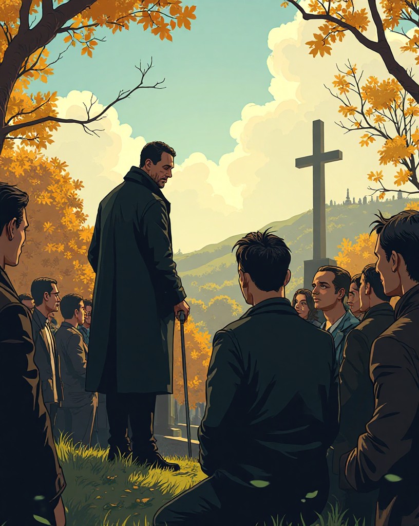 A tall figure in a black coat speaking before a quiet crowd on a hillside in autumn.