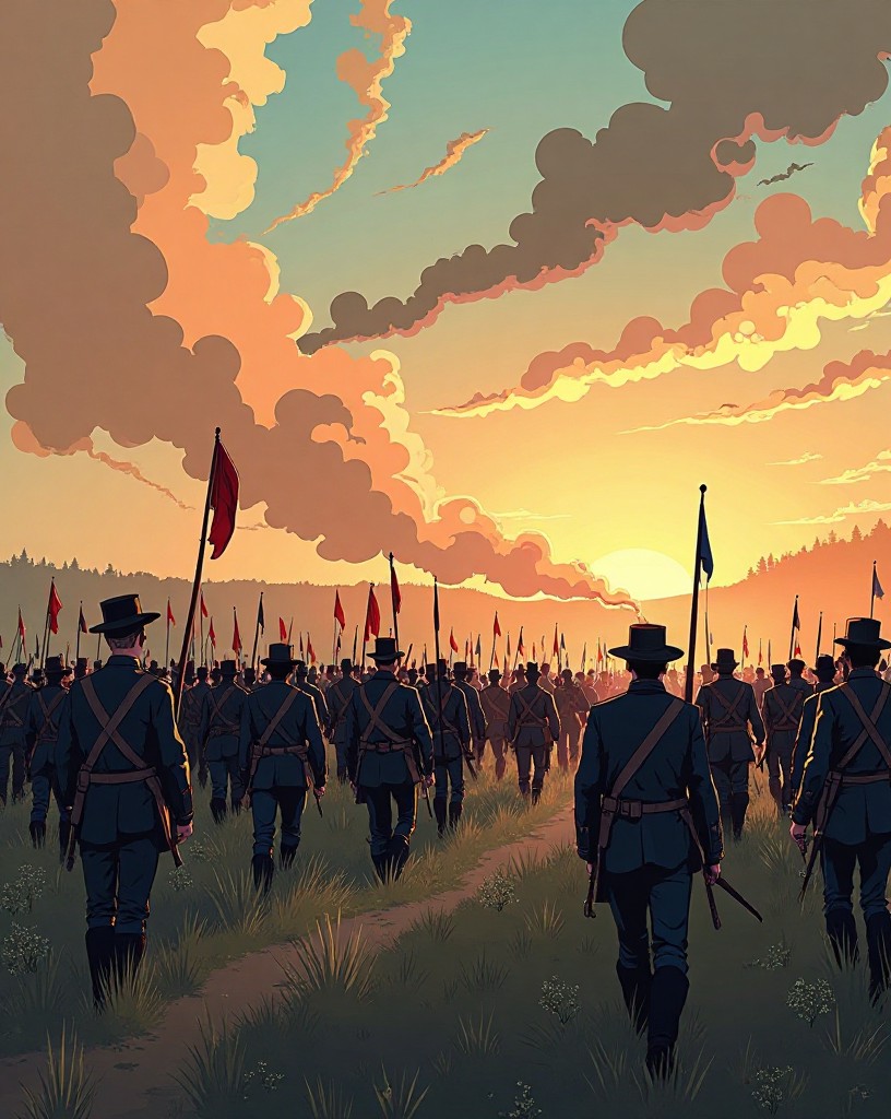 Ranks of Civil War soldiers advancing across an open field toward a smoke-wreathed ridge, cel-shaded comic art.
