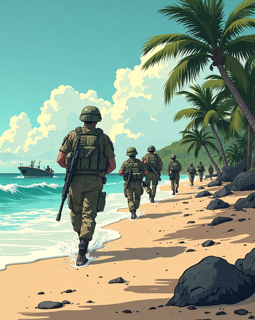 Marines wading onto a palm-lined beach with little resistance, moving inland.