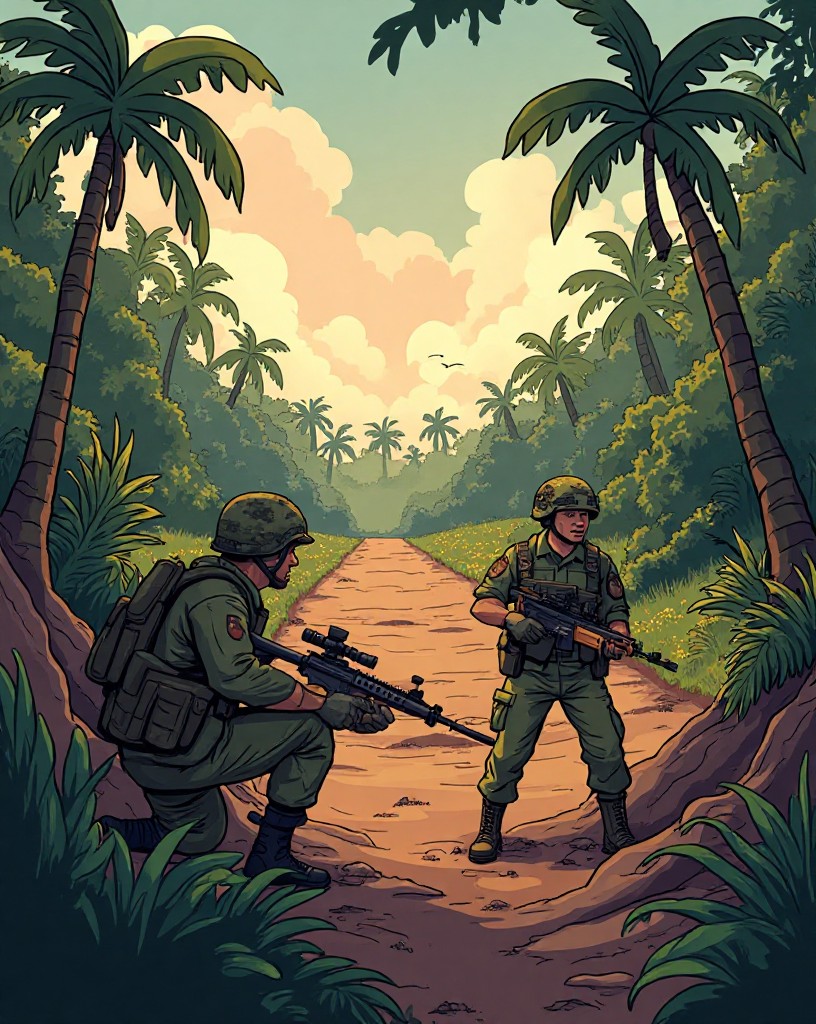 Marines digging foxholes and gun pits around a dirt airstrip at the jungle's edge.