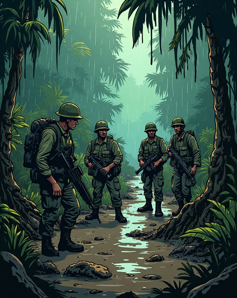 Weary Marines in muddy foxholes in dense steaming jungle, rain dripping.