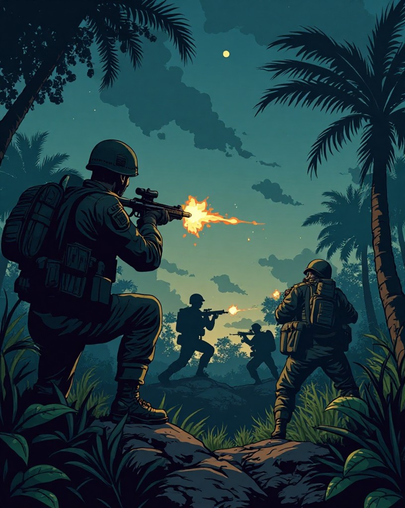 Marines firing from a jungle ridge at night as massed attackers charge from the dark.