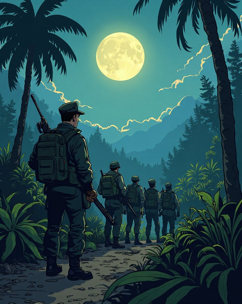 A hard-faced officer steadying his men along a moonlit jungle ridge.
