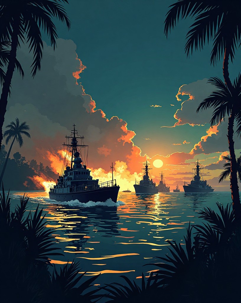 Warships exchanging fire at close range in darkness off a jungle coast.