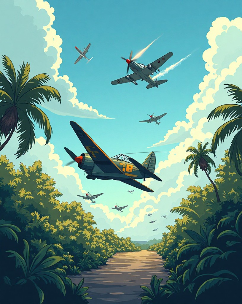 Fighter planes dogfighting over a jungle airstrip against a blue tropical sky.