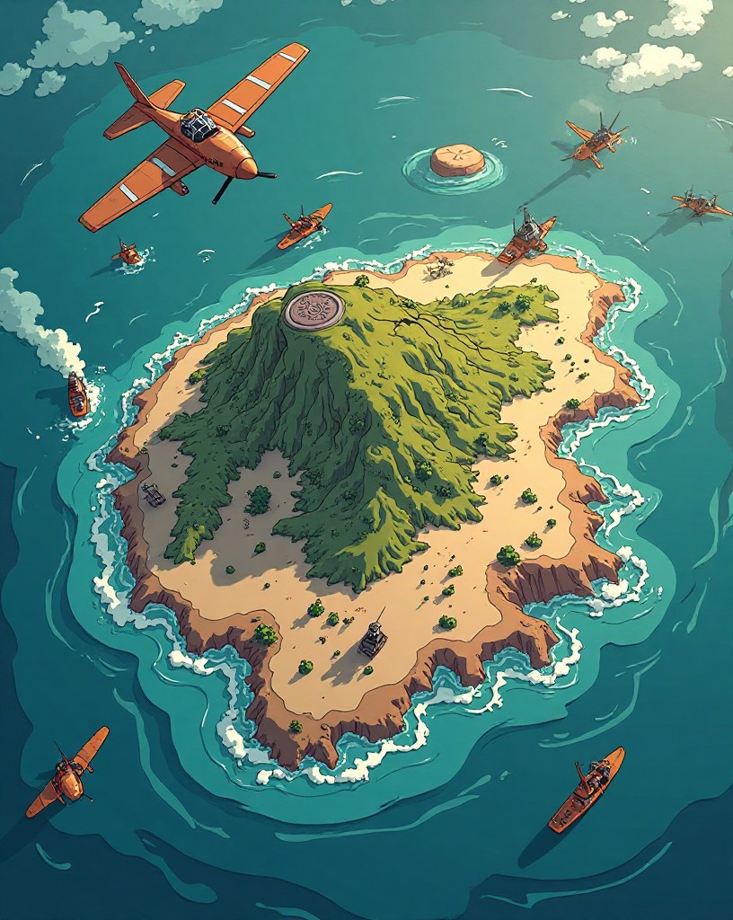 A worn map of the island ringed by ship and plane symbols from both sides.