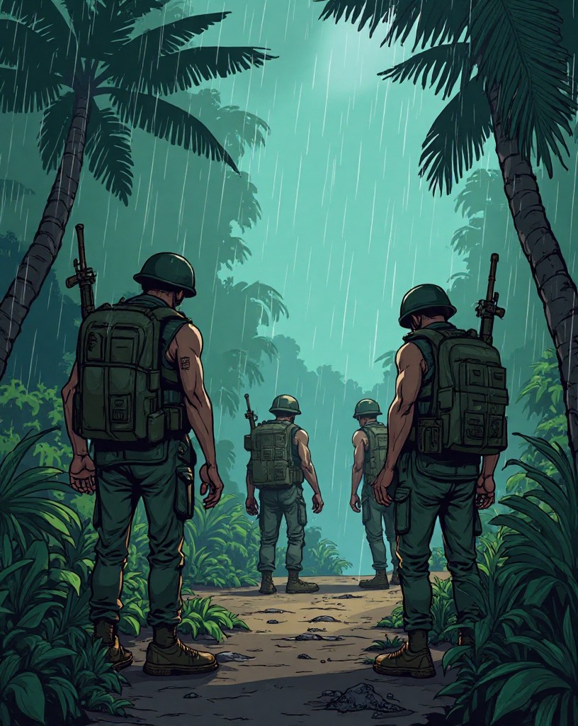 Gaunt, exhausted soldiers in a ruined jungle camp in the rain.