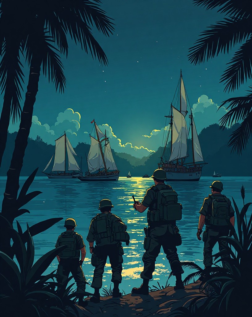 Soldiers slipping aboard ships from a dark jungle shore by night.