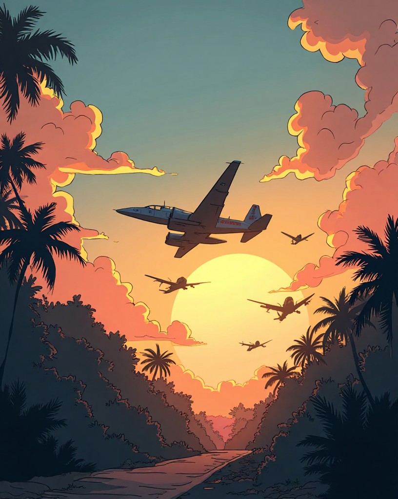 American planes taking off from a secured jungle airfield into a clearing dawn.