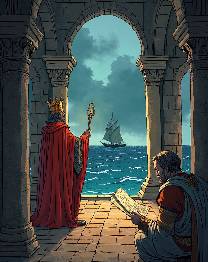 A nobleman being crowned in a stone hall as a duke broods across the sea.
