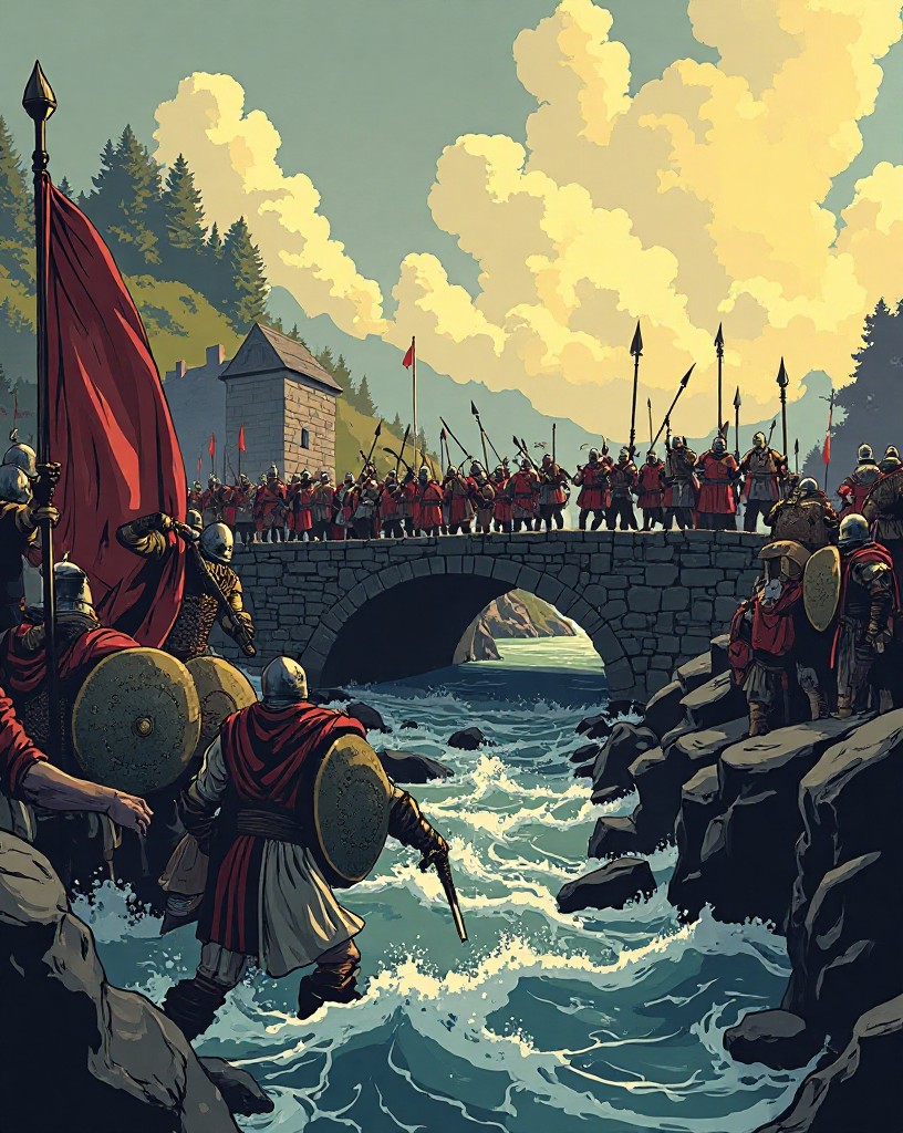 Saxon warriors storming across a river bridge into a Viking shield line.