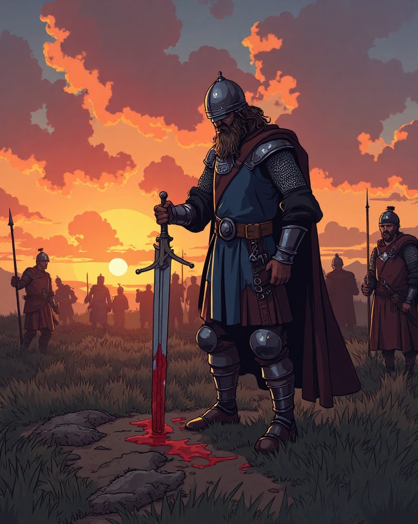 A weary Saxon king lowering a bloodied sword among exhausted soldiers at dusk.