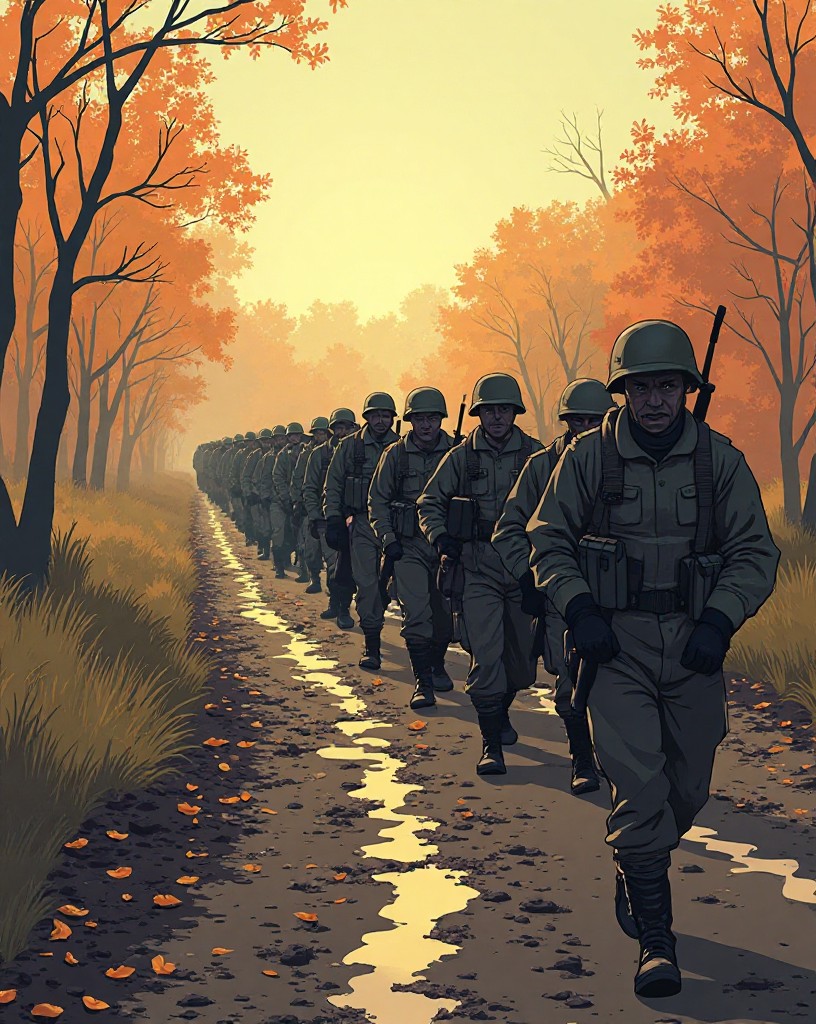 A column of tired soldiers force-marching down a muddy autumn road.
