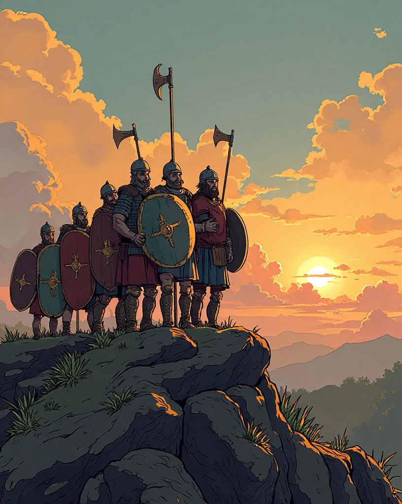A dense Saxon shield wall on a ridge crest with overlapping shields and axes.