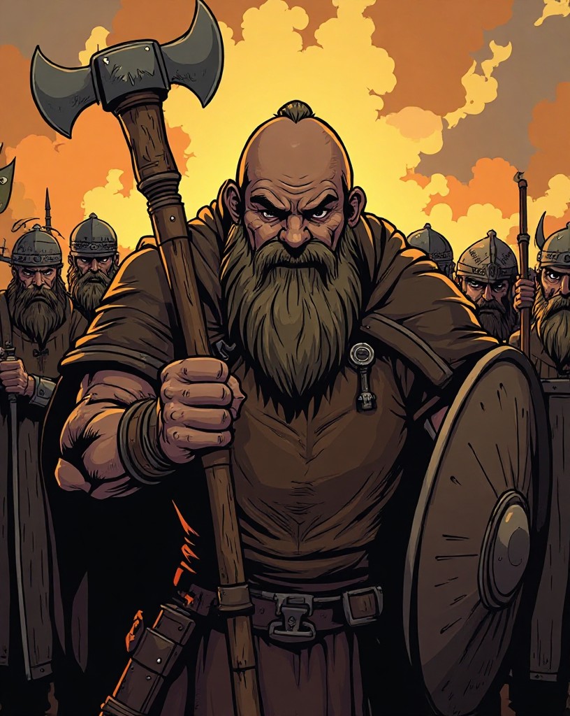 A grizzled axe-bearing warrior steadying the men in the shield wall.