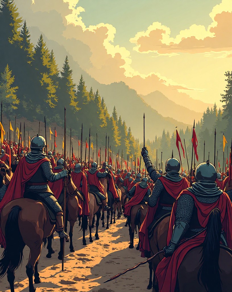Ranks of Norman archers and mounted knights forming up at a slope's foot.