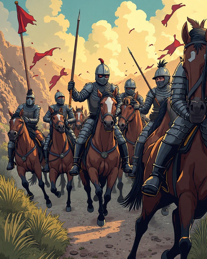 Knights and horses tumbling back down a slope from an unbroken shield wall.